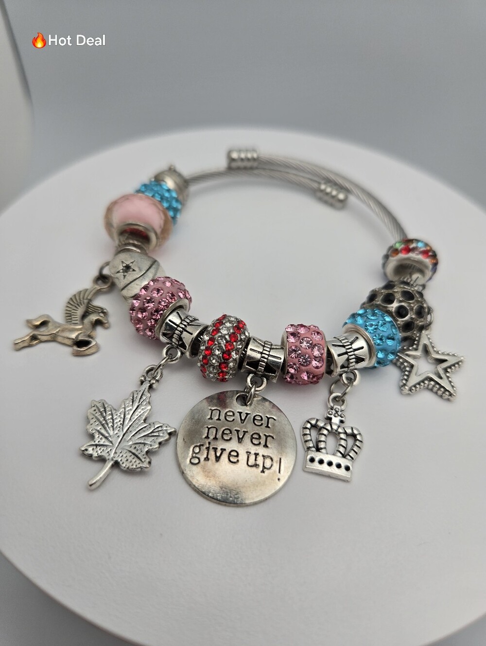 Pink Blue Pandora Style Charm Cuff Bracelet Never Never Give Up Pegasus 2.5"